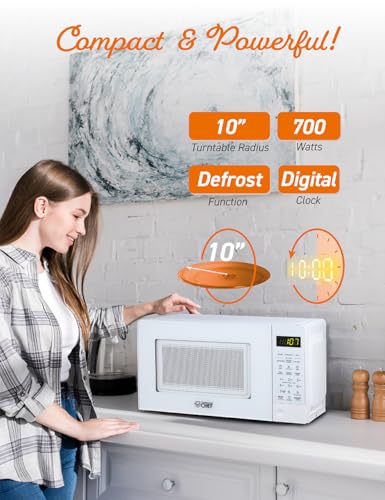 Countertop Microwave Oven 0.7 Cu Ft White, 700W Digital Control & Safety Lock