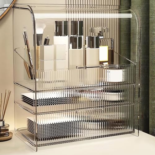 DASITON Clear Cover Dustproof Three layers Storage Box,Makeup Brush Holder,Large Capacity Desktop Storage Box with Drawer,for Beauty Products,Perfume,Jewelry,Nail Polish
