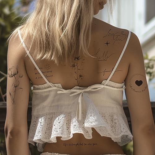 Realistic Temporary Tattoos - 60 Sheets Small Fake Tattoos, 30 Pcs Meaningful Scripts Words Tattoos, 30 Pcs Line Art Wild Flower Nature Tattoo Stickers for Women and Men