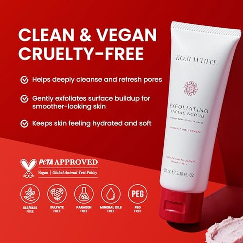 Koji White Exfoliating Facial Scrub | Kojic Acid Face Wash, Gentle Daily Scrubber & Exfoliator for Radiant with 1% Walnut Shell, AHA, Hyaluronic Acid for Uneven Skin Tone, Vegan Skincare, 3.38 Fl Oz