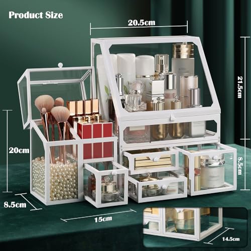 Glass Makeup Organizer Multi-Functional with Pearl Makeup Organizer with Drawers for Bathroom Vanity Organizer Skincare Lipstick Brushes