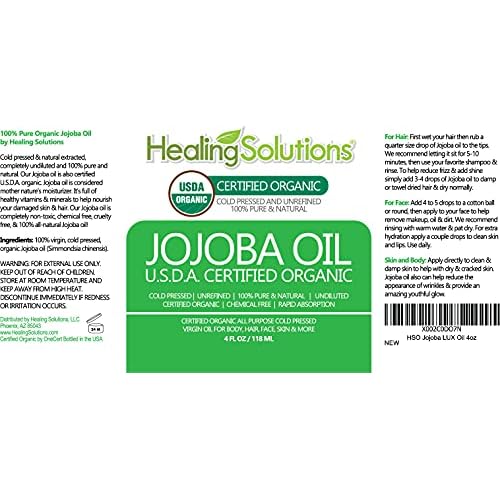 Healing Solutions Oils Organic Jojoba Oil 4 oz Pure Cold Pressed 100% Natural Serum for Hair, Skin, Face, Body, Scalp, Cuticle & Nail, Unrefined Moisturizing & Acne Fighter Treatment 118 ml