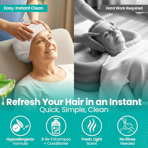 No-Rinse Shampoo & Conditioner Shower Cap, Waterless Hair Washing for Elderly, Bedridden, Hassle-Free Microwavable Hair Washing Cap infused with Aloe & Vitamin E ? 12-Pack