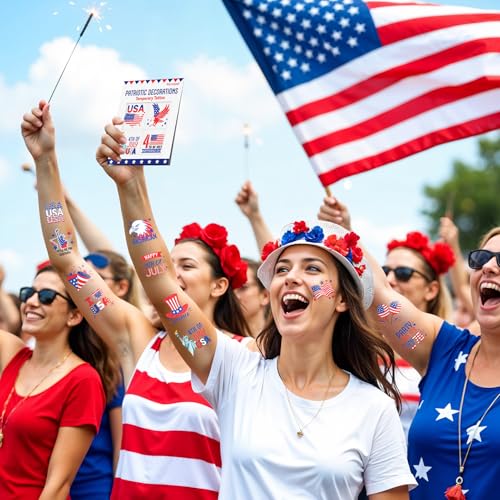 Partywind 60 Pcs Labor Day Decorations, Glitter USA Patriotic Tattoos Sticker, 4th of July Outfits for Women, Red White and Blue Accessories, Memorial Day, Independence Day Party Favors