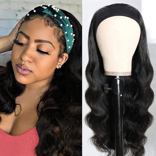 Headband Wig Human Hair for Women 16-Inch 180% Density Body Wave Headband Wigs Glueless Human Hair Wig(Body Wave, Natural Black)