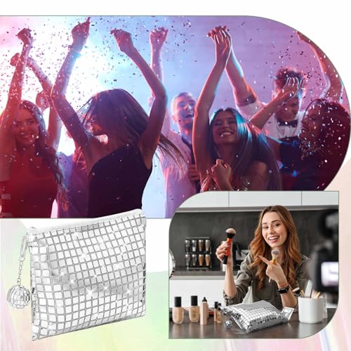 Silver Disco Sequin Makeup Bags - Pack of 20 with Ball Keychain - 70s Style