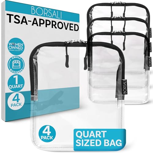 Black TSA Approved Toiletry Bag - Clear Quart Size 4-Pack for Travel & Organization