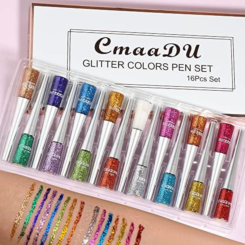 16 Colors Liquid Glitter Eyeliner Set, Metallic Shimmer Glitter Eyeshadow, Colorful Rainbow Eyeliner Long Lasting Waterproof Face Lips Art for Party Festival Makeup