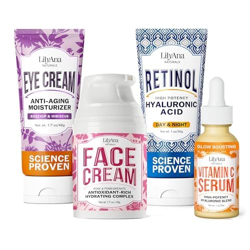 LilyAna Naturals Skincare Gift Set - Retinol Cream, Vitamin C Serum, Eye Cream and Face Cream Moisturizer - Anti Aging Skin Care Sets for Women