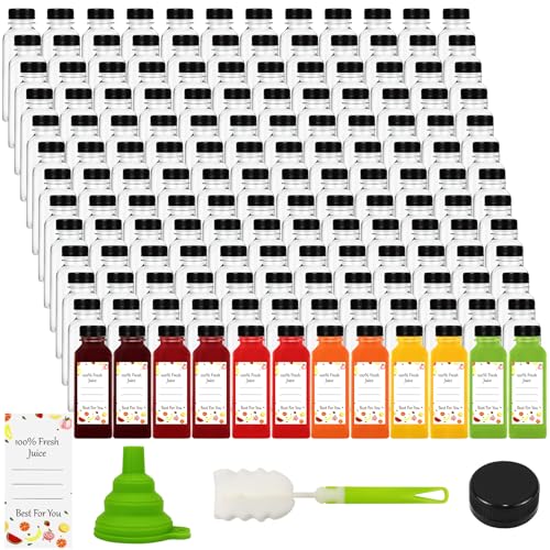 Transparent 12Oz Plastic Bottles with Lids - 144 Pack, Reusable Beverage Containers with Brush, Funnel & Stickers