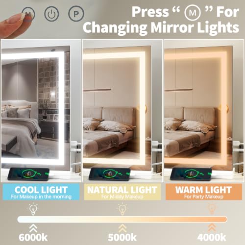 FENNIO 23x18 Inch White Vanity Mirror with Lights, Adjustable Brightness & 3 Color Modes