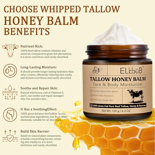 ELBBUB Whipped Tallow Face & Body Moisturizer 4.2 Fl Oz Pack of 2 - Natural Honey & Beeswax, Unscented, Fast Absorption