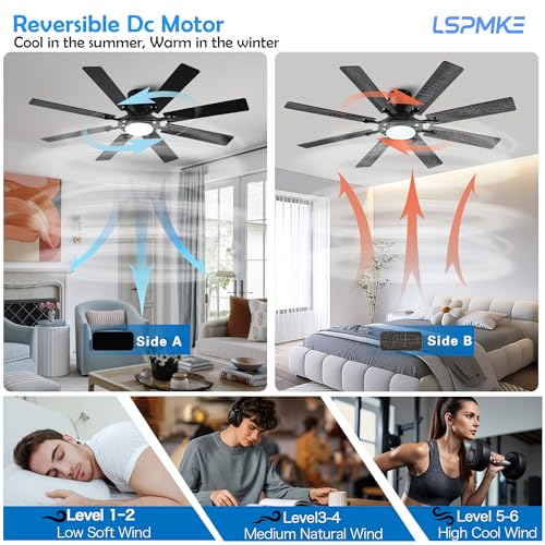 Low Profile Ceiling Fan with Light and Remote - 54 Inch, Reversible, Dimmable, Black