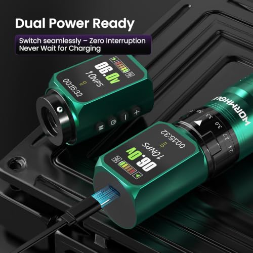 Wireless Tattoo Power Supply Kit with 2 Batteries & 8 Ink Colors - Green Variation