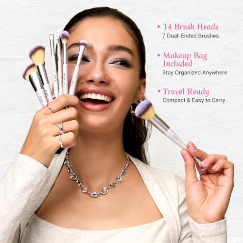 Jessup 7 Dual-Ended Makeup Brush Set with Case - Quiet Gray, 14-Piece