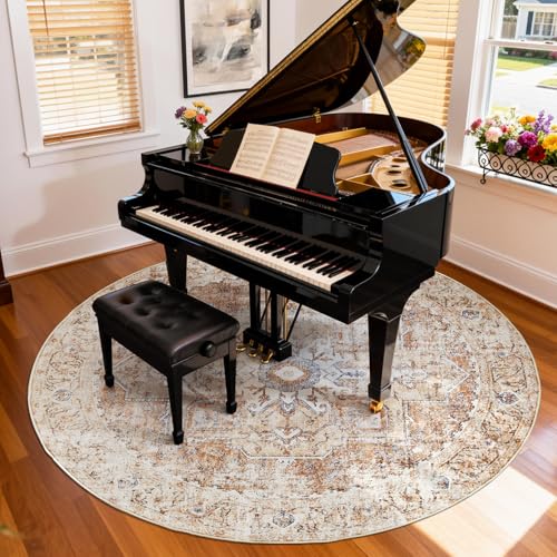 Jinchan 8ft Round Medallion Vintage Area Rug - Brick Red, Machine Washable