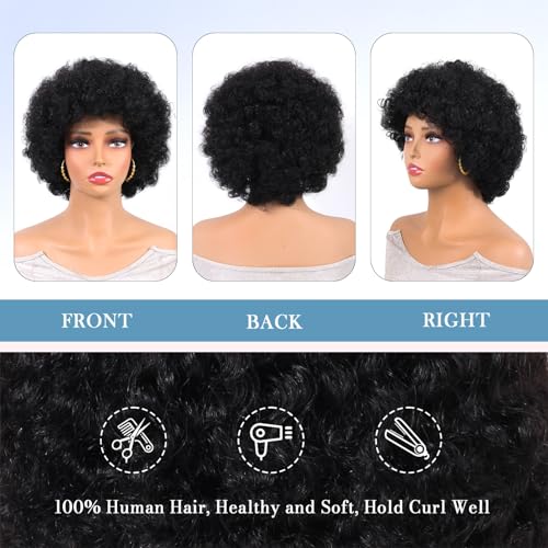 Black 6 Inch Afro Curly Wig for Women - Short Human Hair Wig with Bangs