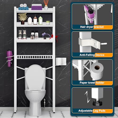 White Over The Toilet Storage Cabinet with 4 Tiers, Adjustable Shelves, Waterproof Feet Pad