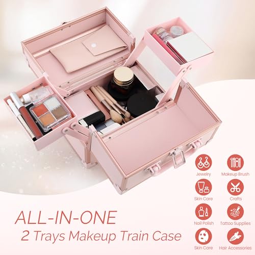 Makeup Train Case 2 Trays Makeup Box Organizer Portable Travel Makeup Case Lockable Makeup Storage Organizer Cosmetic Box for Jewelry Nail Tech Brushes Accessories Tool, Pink