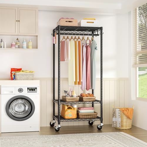 FUTASSI Mini Black Rolling Clothes Rack with Adjustable Shelves & Heavy Duty Support