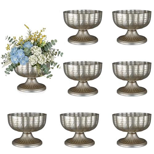 Retro Silver Vase Set of 8 for Centerpieces - Antique Metal Flower Holders, Wedding & Party Decor