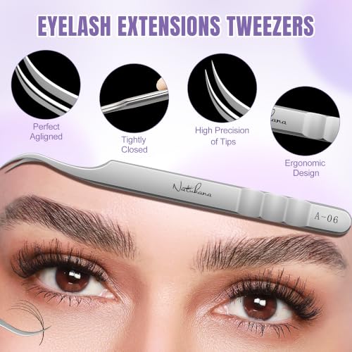 NATUHANA High Precision Lash Tweezers Set A-08+06+03+01+02 – Straight, Curved & Volume Fiber Tips