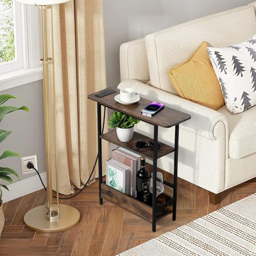 Narrow End Table with USB-C Charging Station - 3-Tier Slim Side Table - USB-C Model