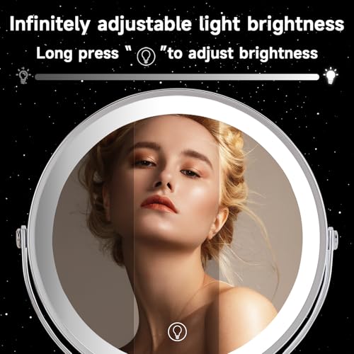 9 Inch Double Sided Makeup Mirror with Lights - 1X/10X Magnification, Rechargeable, 360° Rotation, Adjustable Height - Variation: 9" & 1x/10x