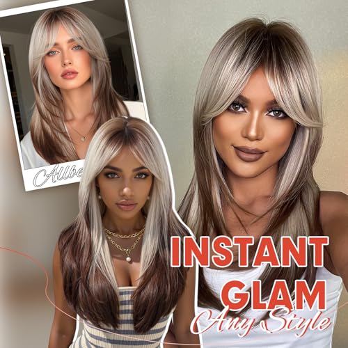 Allbell Blonde Brown Ombre Long Straight Wig with Bangs for Women - 24 Inch, Heat-Resistant Synthetic Hair