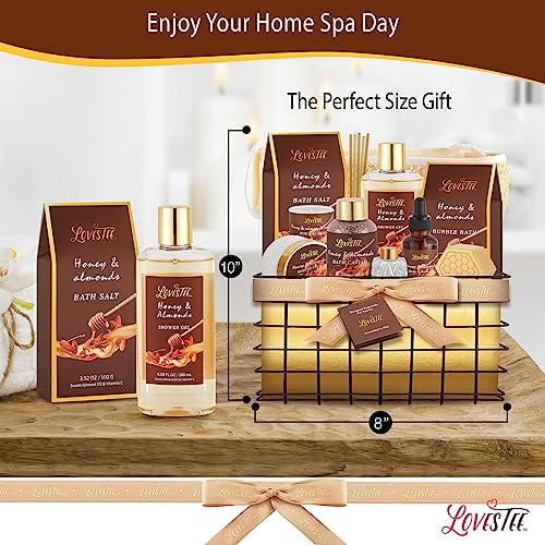 Christmas Spa Gift Baskets For Women, Honey Almond Bath and Body Set, Birthday Gift- Shower Gel, Bubble Bath, Body Butter, Bath Salt, Body Oil, Candle, Bath Caviar, Soap, Home Diffuser, Scrubber
