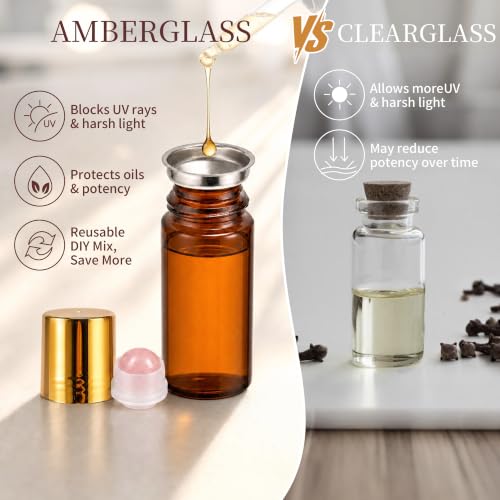 Rose Quartz Roller Bottle 50ml - Refillable Amber Glass Roll-On with Gold Cap (Pink+Purple)
