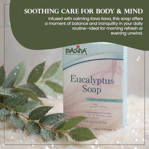 Madina Eucalyptus Soap Bar ? Moisturizing, Invigorating, 100% Vegetable-Based, Cocoa Butter, Kava Kava Extract, Gentle Cleanser for Face & Body, 6 Pack (3.5 oz Each)