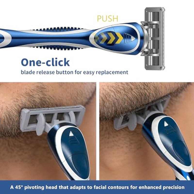 6-Blade Razor Refill Cartridges 4 Count, Professional Razor Blades for Men with Lubricating Strip, Wall Hook & Cleaning Brush Included for Smooth Shaving with Matching Handle