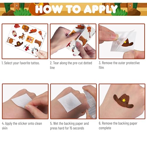 96 PCS Western Cowboy Pre-Cut Temporary Tattoos for Kids First Themed Birthday Party Supplies Favors Decorations 8 Sheets Super Cute Fake Tattoo Stickers Gifts For Boys Girls School Rewards
