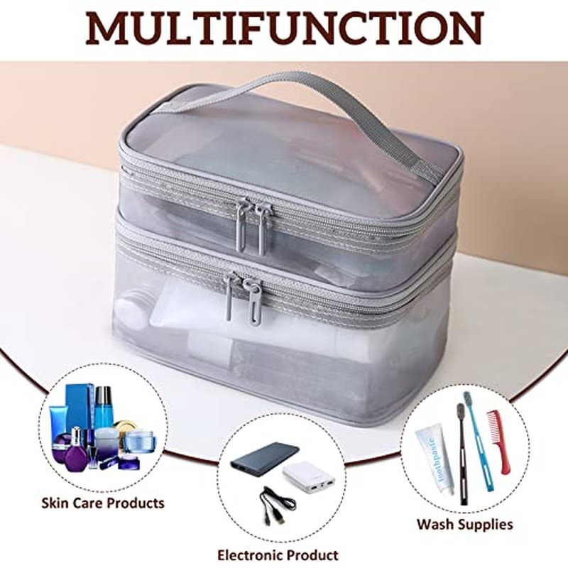 Double Layer Makeup Bag, Large Mesh Travel Cosmetic Pouch with Double Zipper, Vertical Make up Bag, Multifunctional Toiletry Bag for Makeup Brushes (Gray)