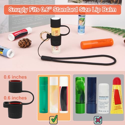 Desing Wish 2 PCS Silicone Chapstick Holder with Cap Cover, 0.6'' Diameter Portable Lip Balm Holder Key Chain Sleeve Chapstick Keychain Holder with Wrist Strap Lanyard - Black