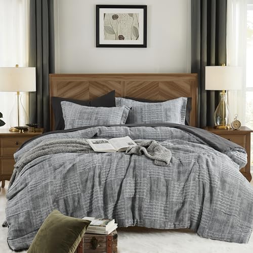 MaiRêve Oversized Queen Comforter Set with Charcoal Grey Crinkle Texture - 7 Pieces