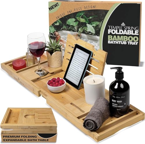 Foldable Bamboo Bathtub Tray Caddy - Expandable Wooden Bath Table with Wine & Book Holders - Space-Saving Bath Accessory - Housewarming Gift