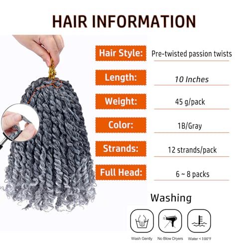 Pre-twisted Passion Twist Hair 10 Inch 8 Packs Gray Crochet Extensions for Women