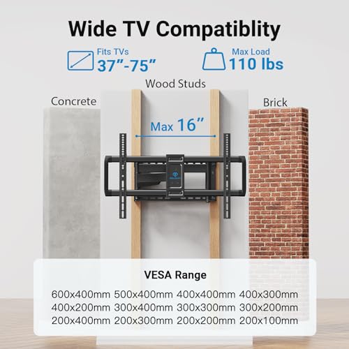 Long Arm Corner TV Wall Mount for 37-75 Inch TVs Up to 110 lbs - 16" Wood Studs, Full Motion
