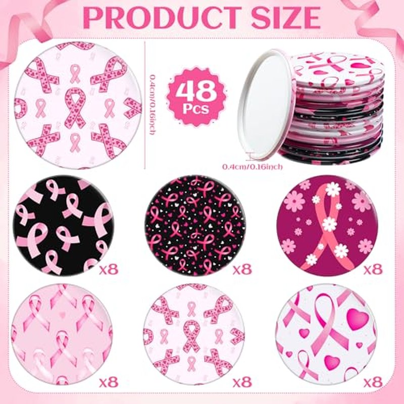 48 Pcs Breast Cancer Awareness Mini Mirrors Gifts Bulk Pink Ribbon Compact Folding Makeup Mirrors Breast Cancer Awareness Accessories Gift for Women Friends(Stylish Pattern)