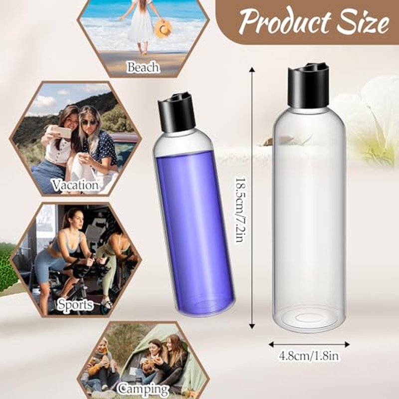 24 Pcs Refillable Shampoo Travel Bottles Travel Squeeze Bottle 8 oz Plastic Bottles with Black Disc Cap Clear Squeeze Containers for Toiletries Shampoo Lotion Body Soap Cream