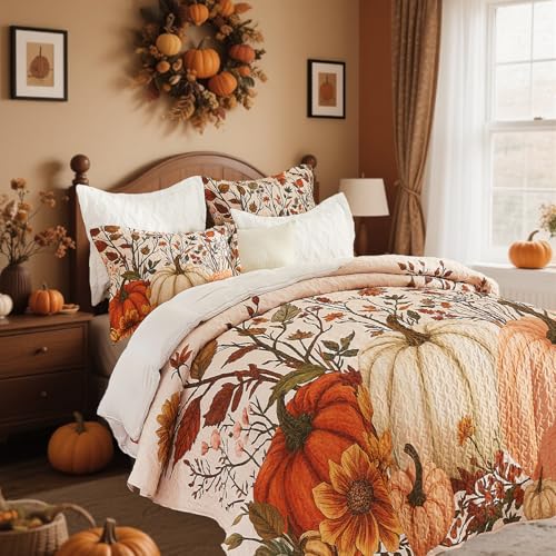 King Fall Pumpkin Quilt Set 3-Piece Reversible Bedspread for All Seasons