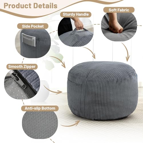 Grey Round Stuffed Ottoman 26 Inch Soft Corduroy Pouf Footstool - Manyday Variation