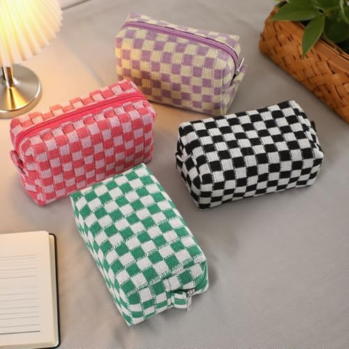 Pink Checkered Makeup Bags Set - 6 Pack Gift for Women, Bridesmaids & Teachers