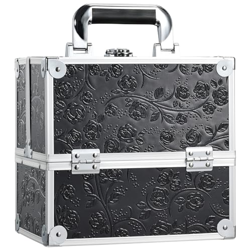 Black Floral Makeup Train Case with 4 Trays & Lockable Storage - Portable Organizer for Beauty Tools