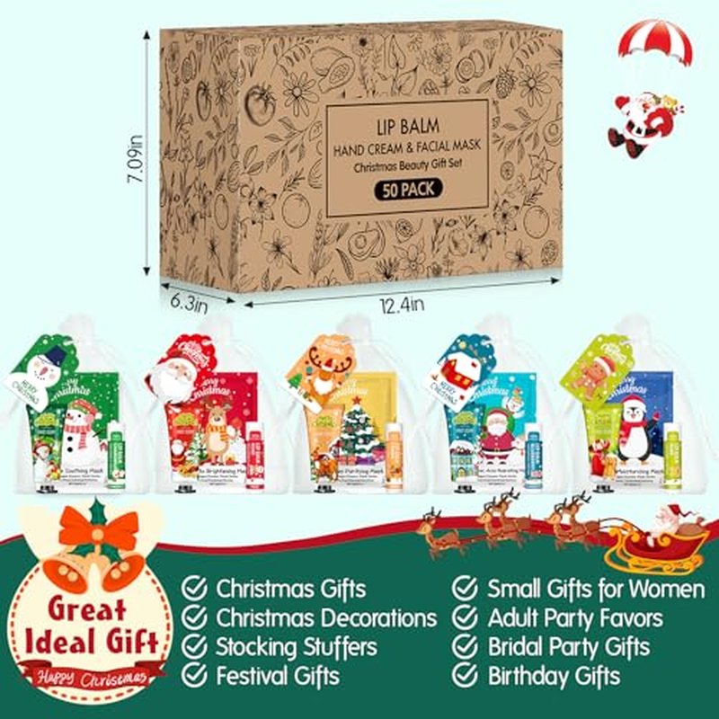 50 Pack Christmas Hand Cream, Facial Mask and Lip Balm Gift Set, Stocking Stuffers for Women, Bulk Christmas Gifts with Christmas Cards Organza Bag for Christmas Party Supplies, Christmas Decorations