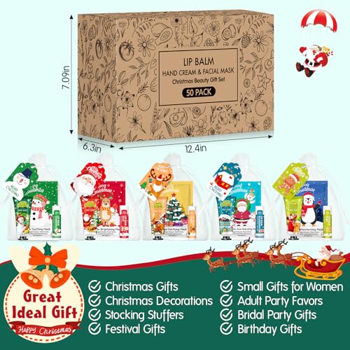 50 Pack Christmas Hand Cream, Facial Mask and Lip Balm Gift Set, Stocking Stuffers for Women, Bulk Christmas Gifts with Christmas Cards Organza Bag for Christmas Party Supplies, Christmas Decorations