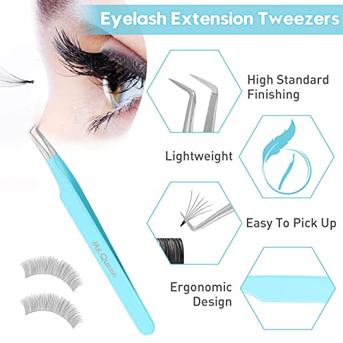 Ms.Queen Lash Tweezers for Eyelash Extensions, Precision Fiber Tip 90 Degree Tweezers for Mega Volume Lashes Extensions, Blue