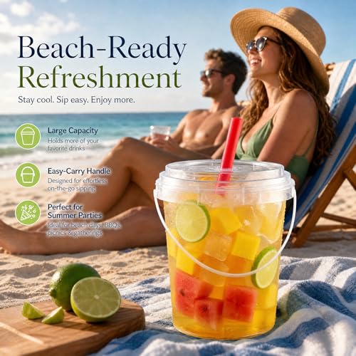Disposable Cups with Lids and Straws - 100 Sets, 34oz, Colorful Straws Included